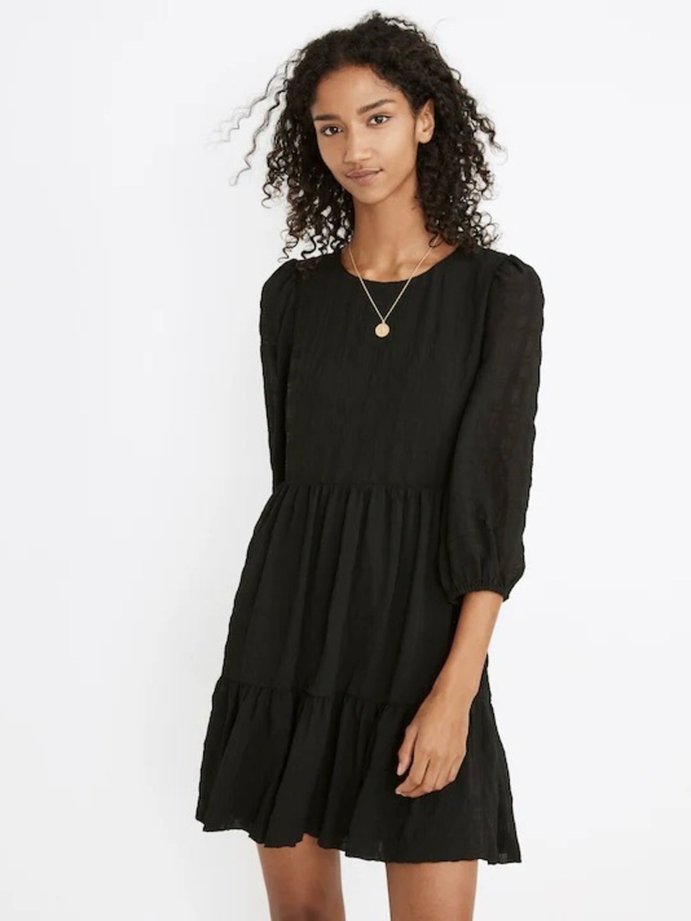 Madewell Puff-Sleeve Ruffle-Hem Mini Dress Textured Tiered Black Sz 0